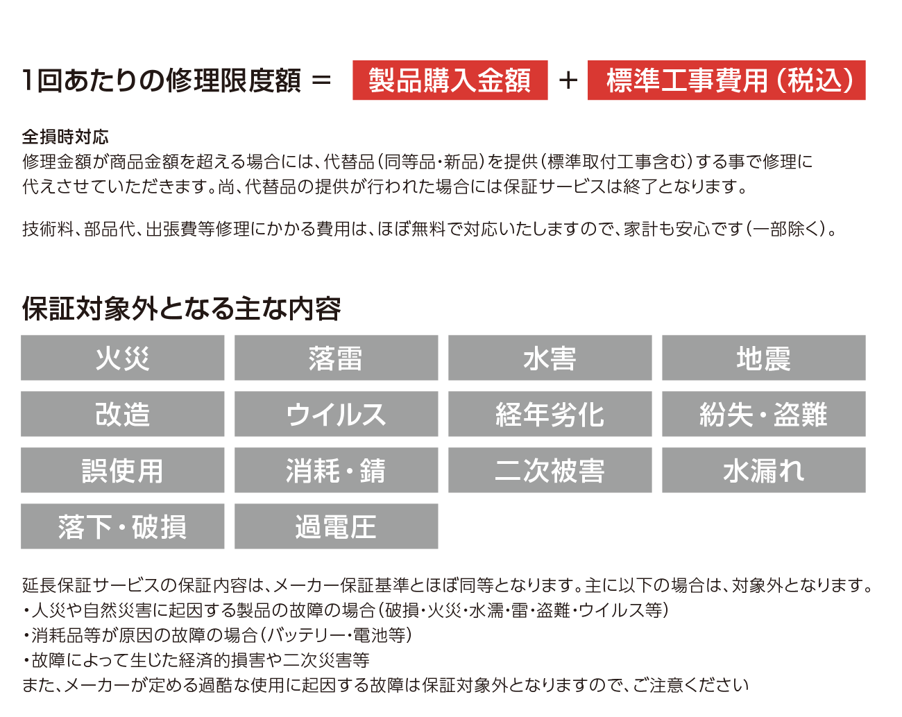 1回あたりの修理限度額・保証対象外となる主な内容